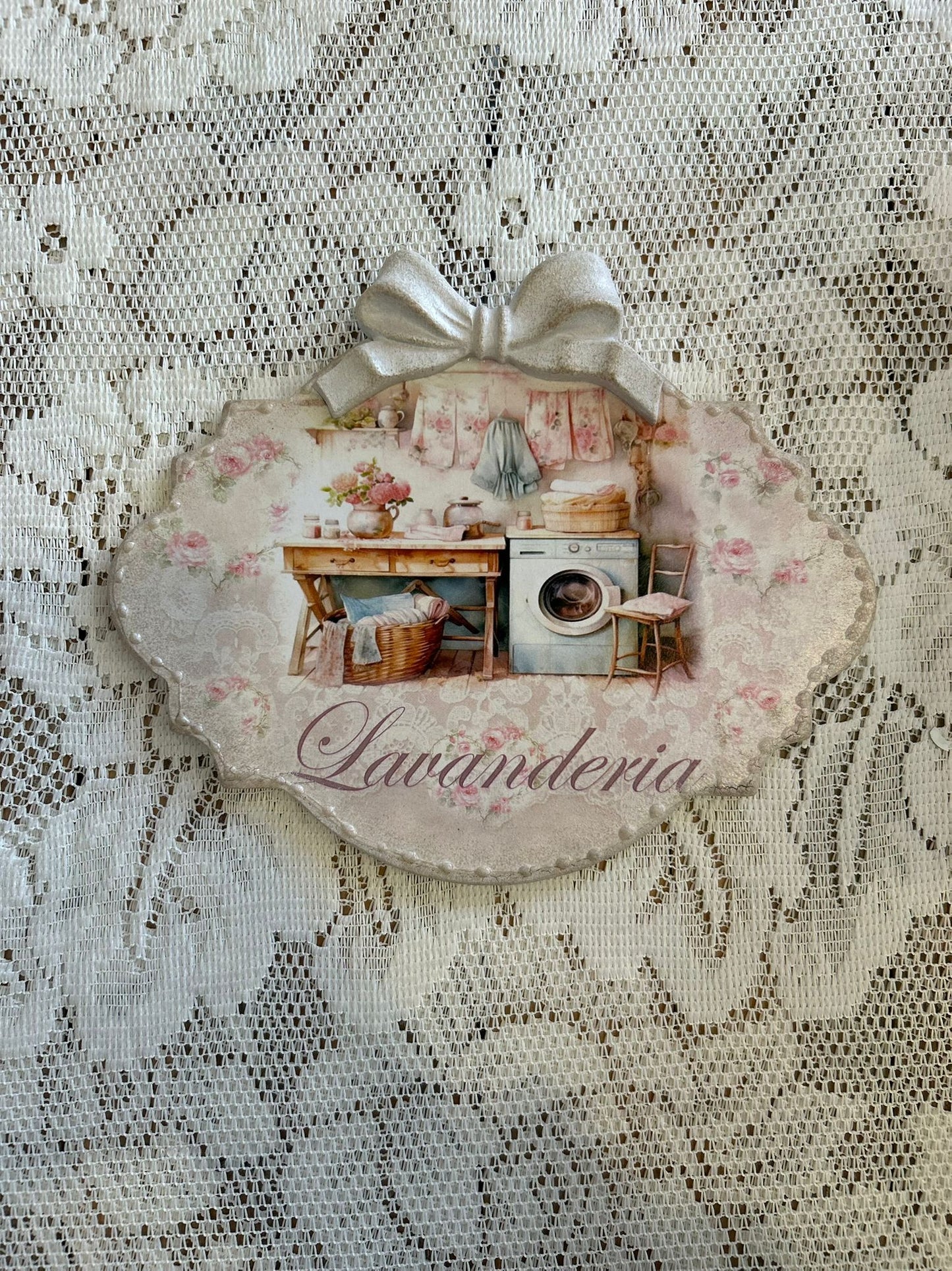 Targa shabby chic "Lavanderia" con fiocco 20x24 Cesaria Arte