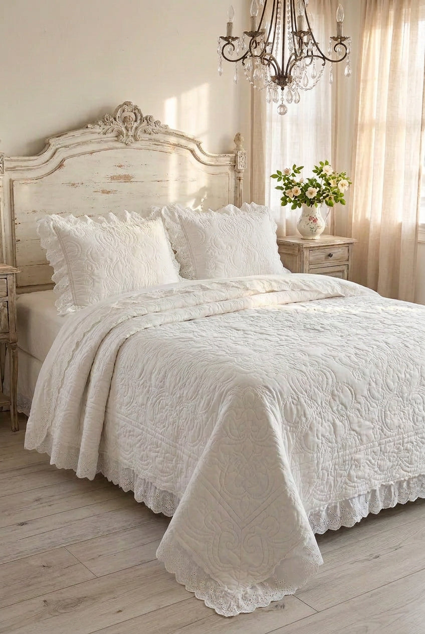 Copri letto in cotone con balza pizzo sangallo 260x260