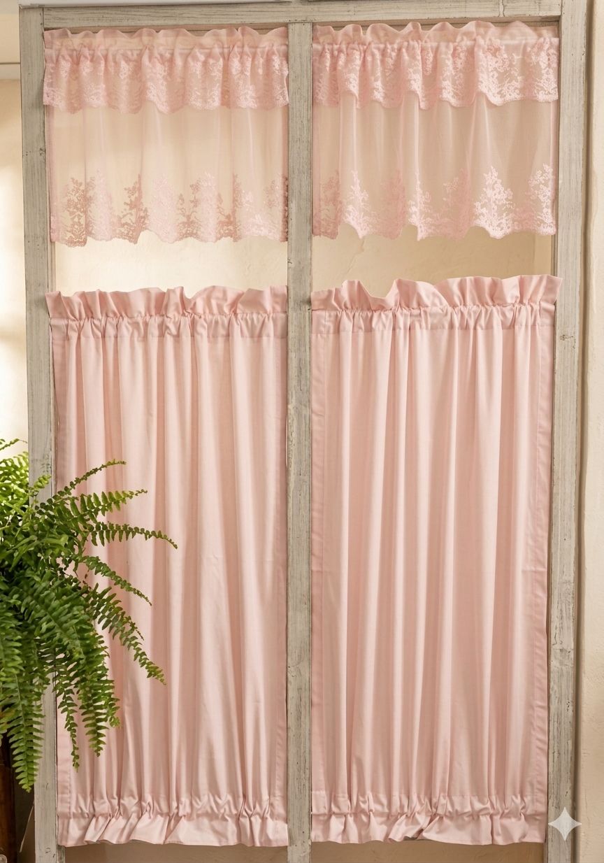 Coppia di vetrage nel colore rosa officna tessile