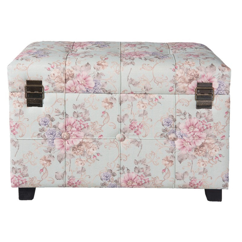 POUF 61X37X43 CM ROSA LEGNO TESSUTO FIORI RETTANGOLO SGABELLO