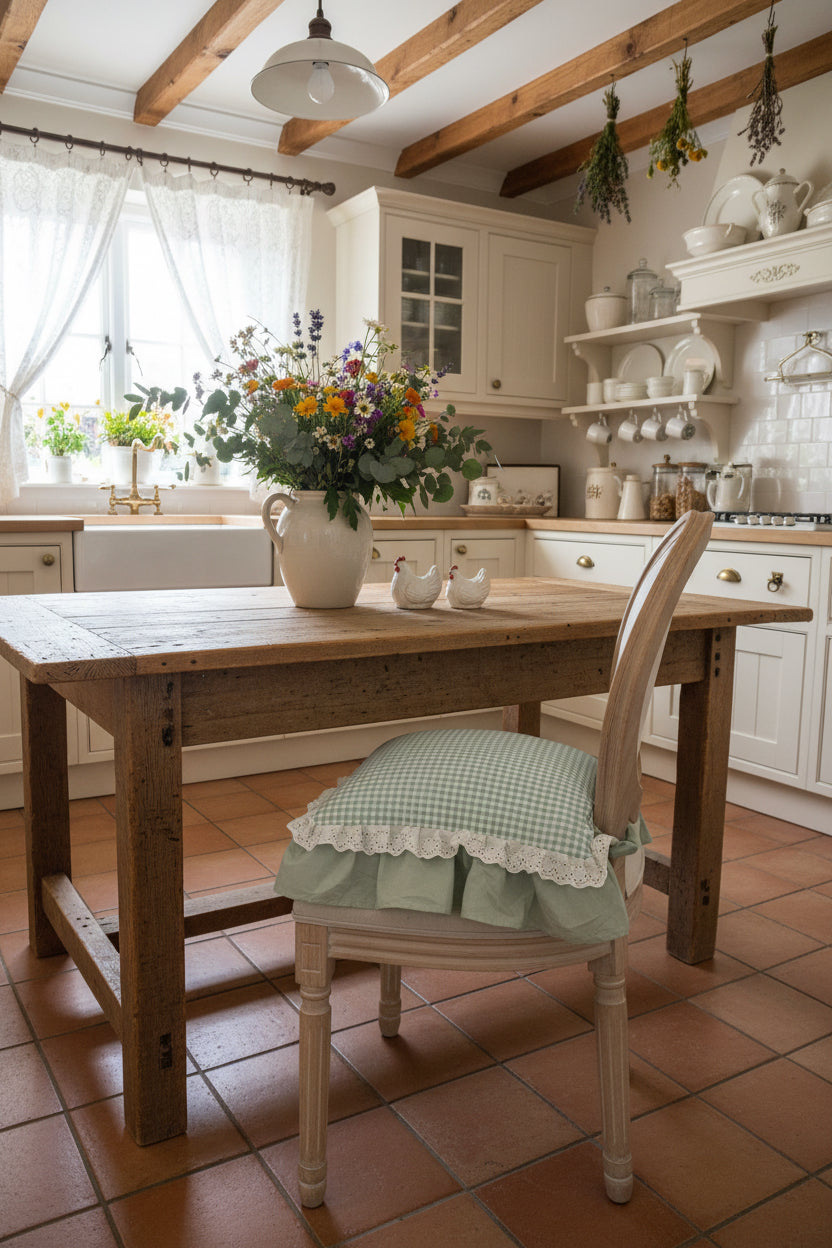 Cuscino sedia 100% cotone, misura 45 × 45 +12 con balza in Pizzo Sangallo sfoderabili