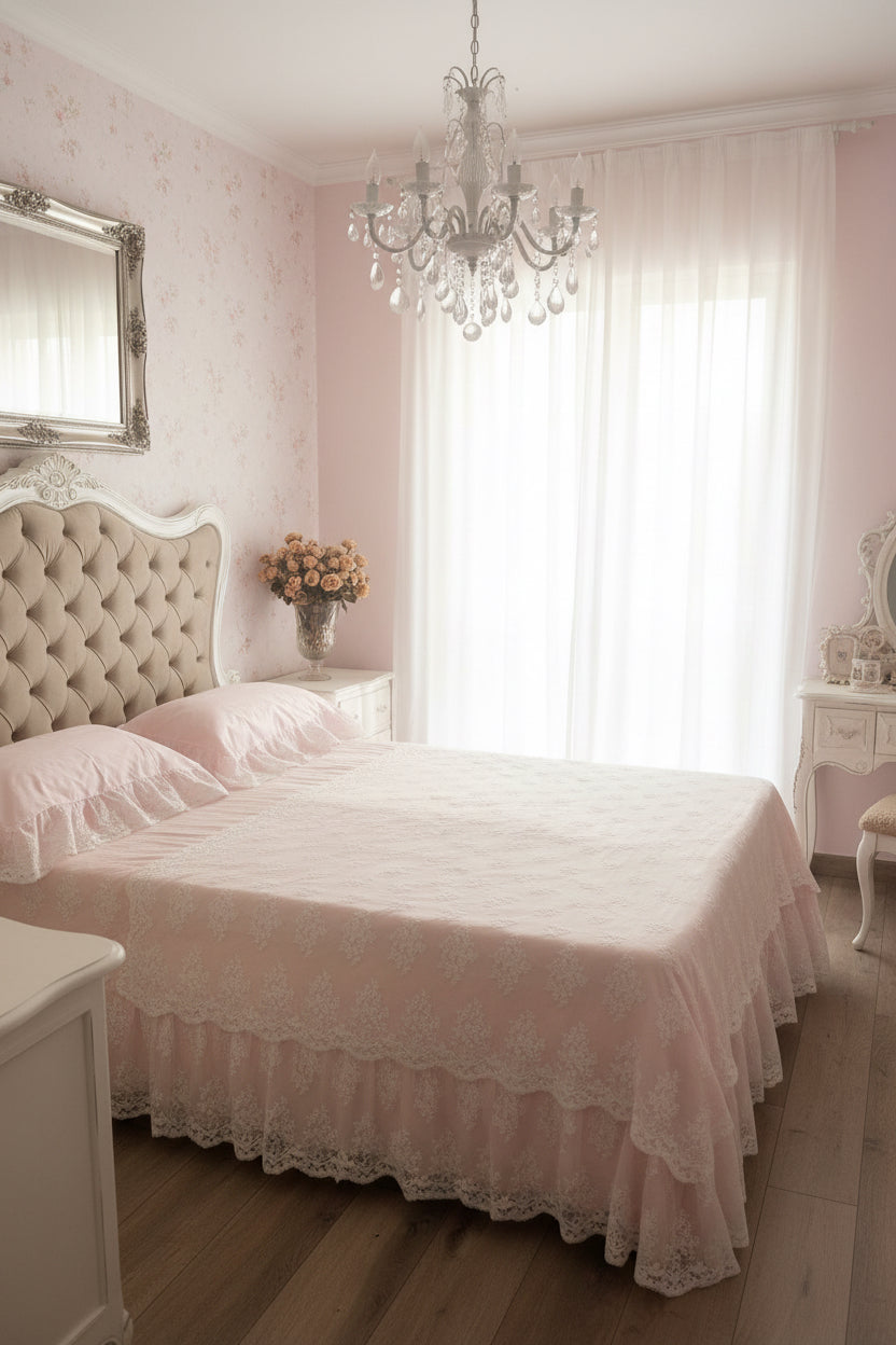 Copriletto in cotone matrimoniale, pizzo Iulia con coppia di copri guanciali nel colore rosa