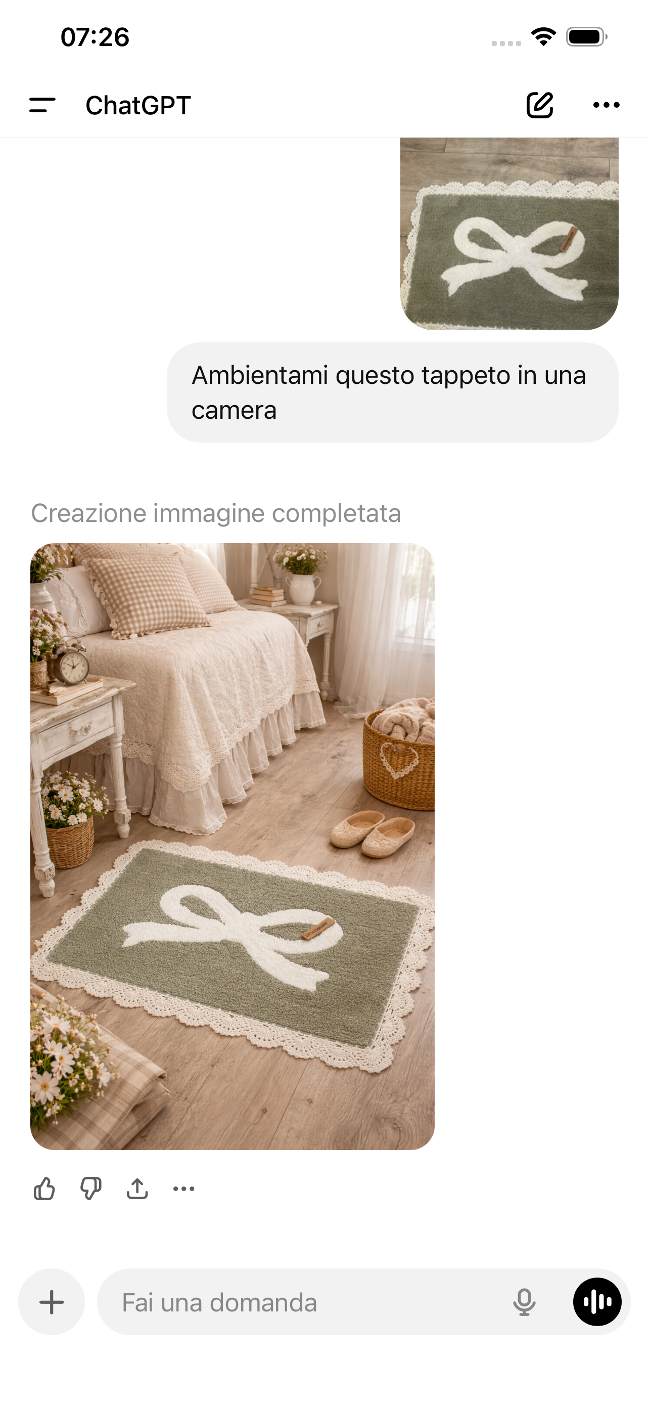 Il tuo tappeto (verde con fiocco bianco e bordo crochet) richiama molto lo stile romantico o shabby chic, che usa colori delicati, pizzi e mobili chiari per creare un ambiente caldo e accogliente. misura 50x80