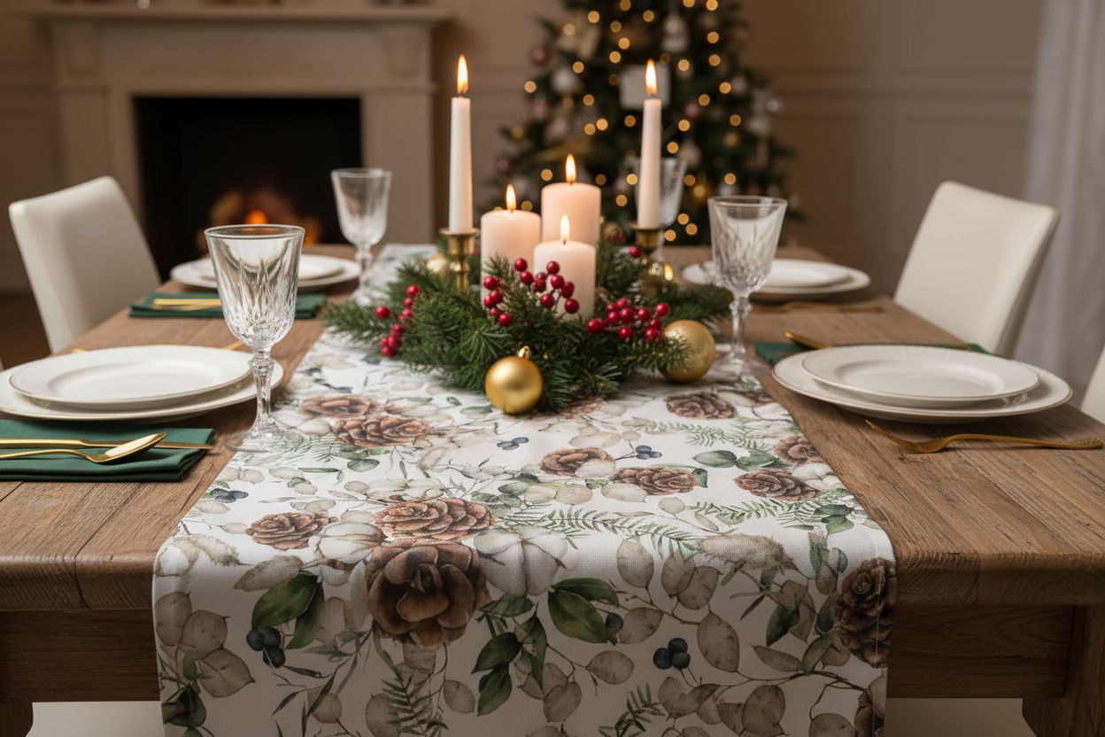 Runner con pigne e fiore di cotone misura 135x45