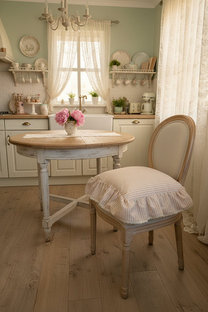 Cuscino sedia in 100% cotone, tessuto rigato con il rosa Shabby misura 45 × 45 + 12 la balza con rifinitura in un romantico pizzo 
