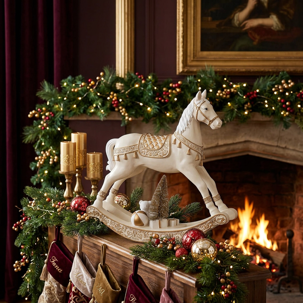 CAVALLO IN REDINA PANNA E ORO CON LED SULL’ ALBERO