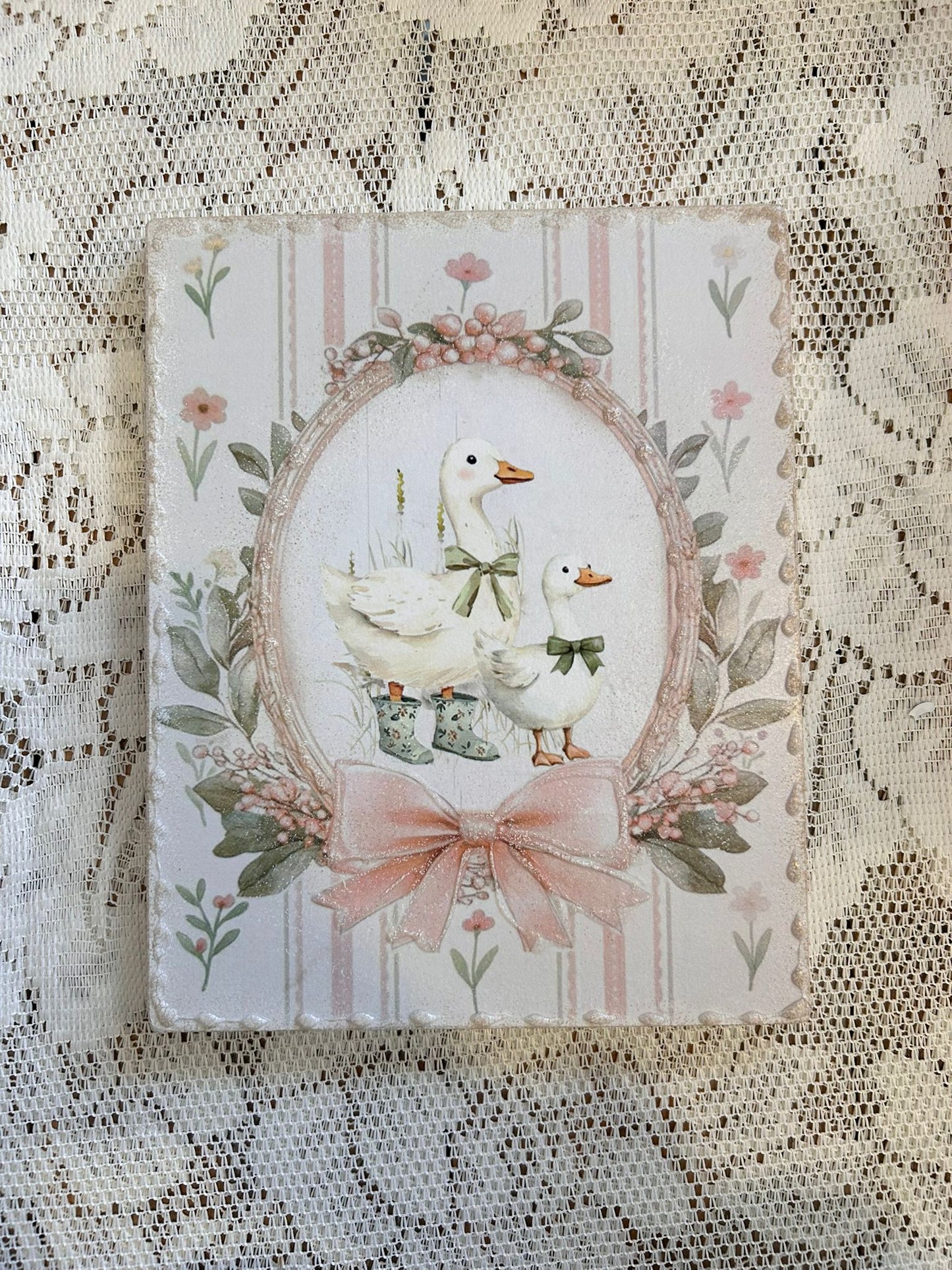 Quadro con due ochette e fiocchi verdi 20x25 Cesaria Arte