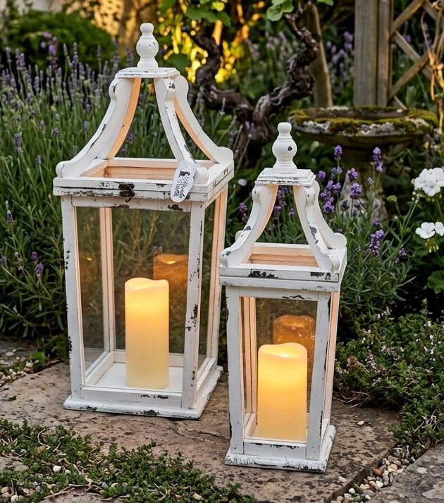 Nuvole di stoffa set di 2 lanterne in legno bianco con effetto decapè atn260102