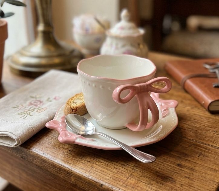 TAZZA CON PIATTINO RIBBON GRACE PINK 250ML ISABELLE ROSE
