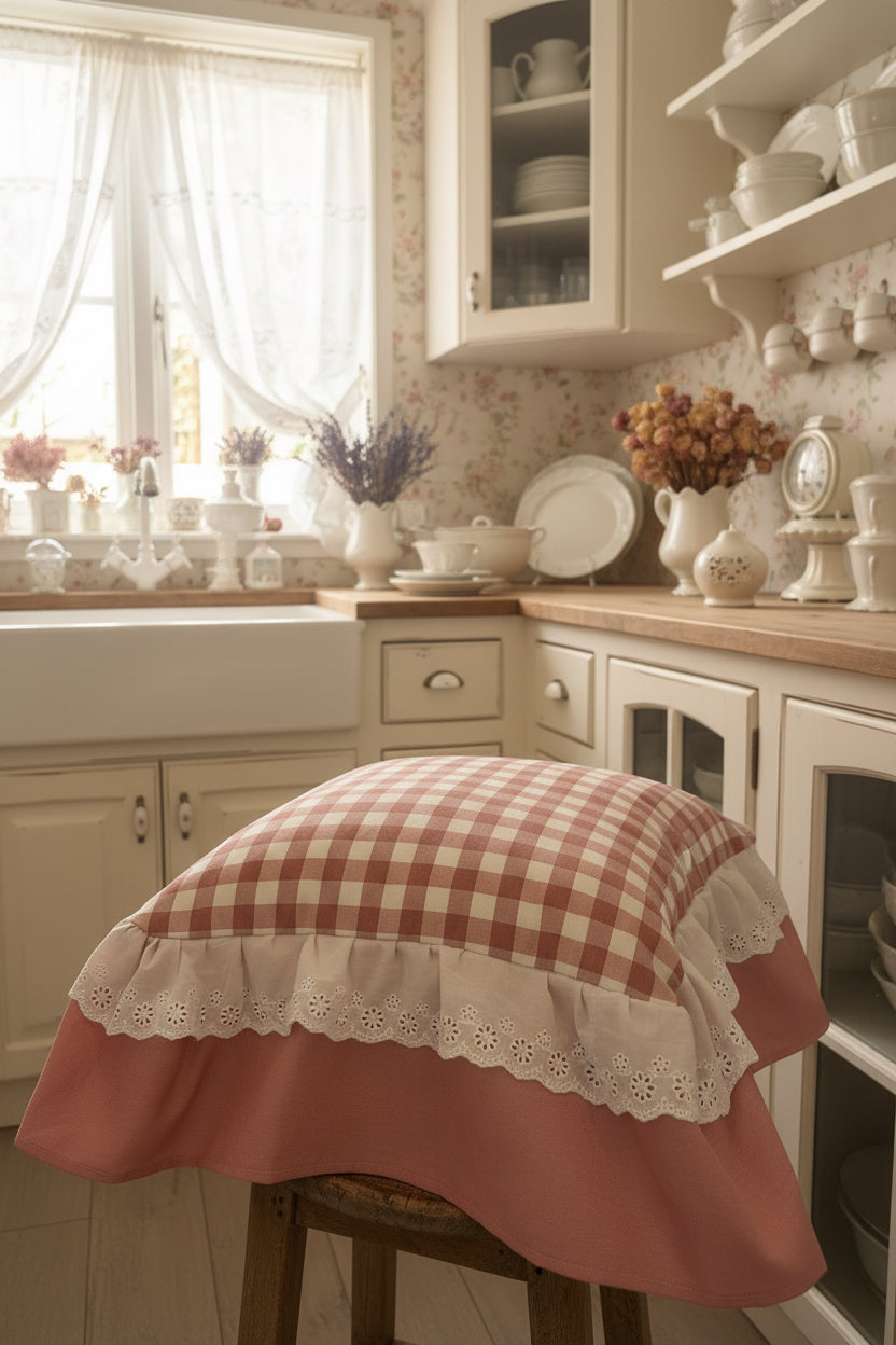 6 Cuscini ,sedia in cotone sfoderabili, quadrettino, rosa antico, con balza in pizzo, Sangallo misura 45 × 45, la balza 18 cm