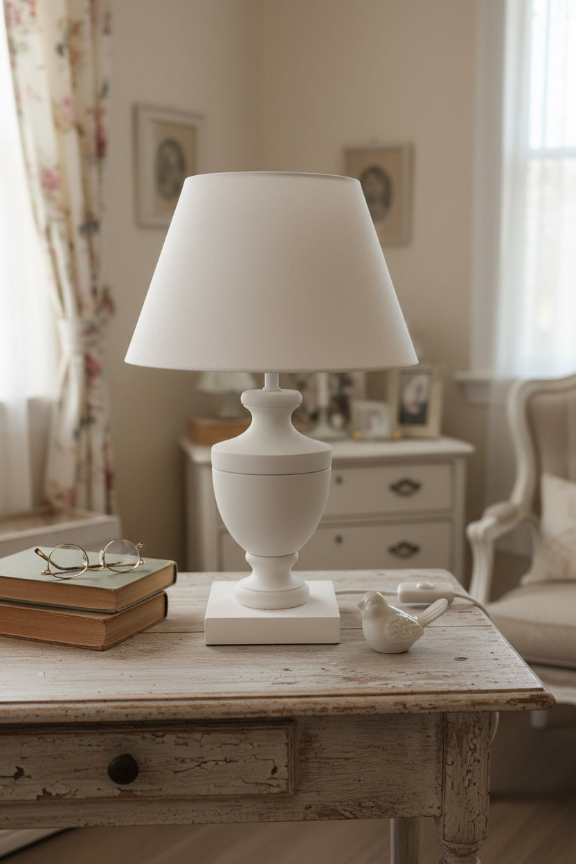 Lampada da lettura in legno, forma elegante e bombata misura 46 di altezza  nel colore bianco, copri Lampada in tessuto Linato