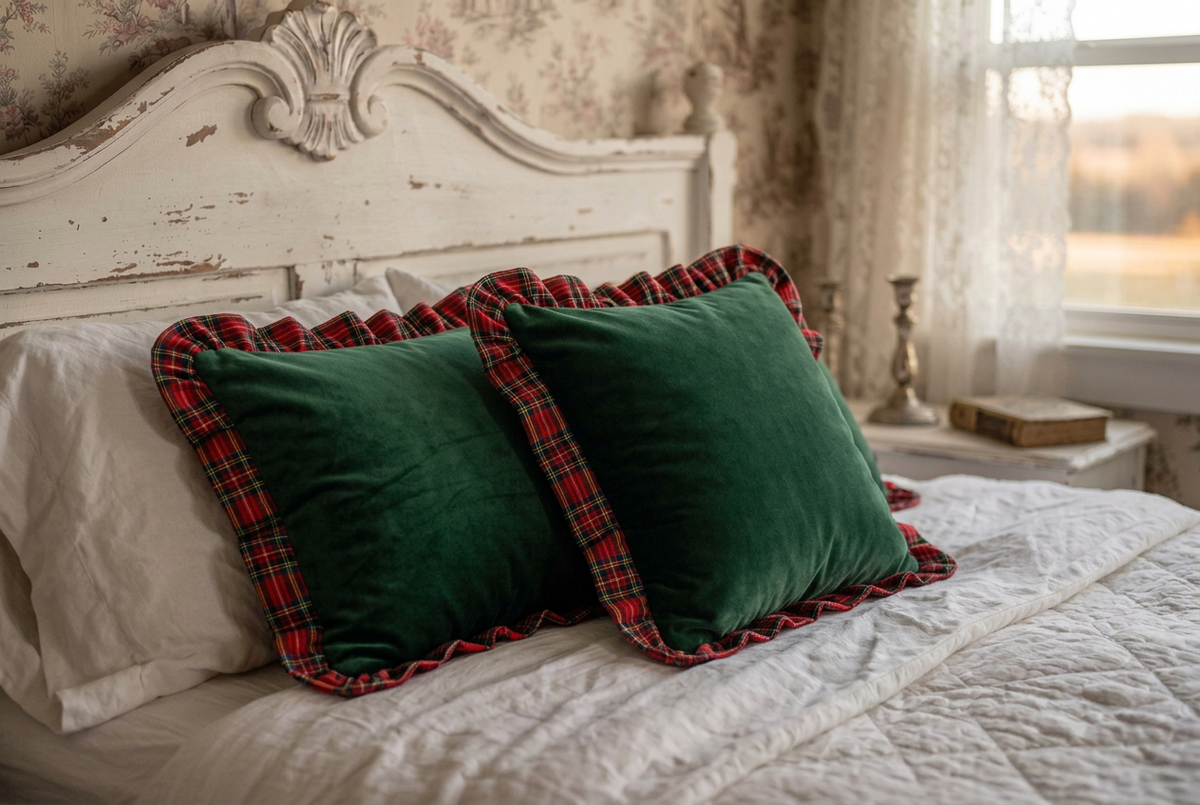 COPRILETTO IN VELLUTO VERDE CON BALZA TARTAN COMPLETO DI COPRI GUANCIALI MISURA DUE 60 × 2 60 FEDERA CUSCINO MISURA 60 × 90