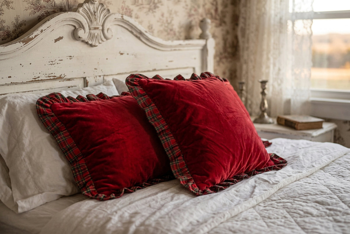 COPRILETTO IN VELLUTO ROSSO CON BALZA TARTAN COMPLETO DI COPRI GUANCIALI MISURA DUE 60 × 2 60 FEDERA CUSCINO MISURA 60 × 90 