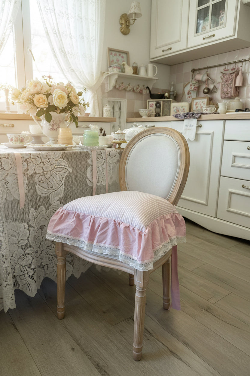 Cuscino, sedia misura 45 × 45 con rifinitura in pizzo, tessuto in cotone, colore rosa con fantasia, rigato 15 €