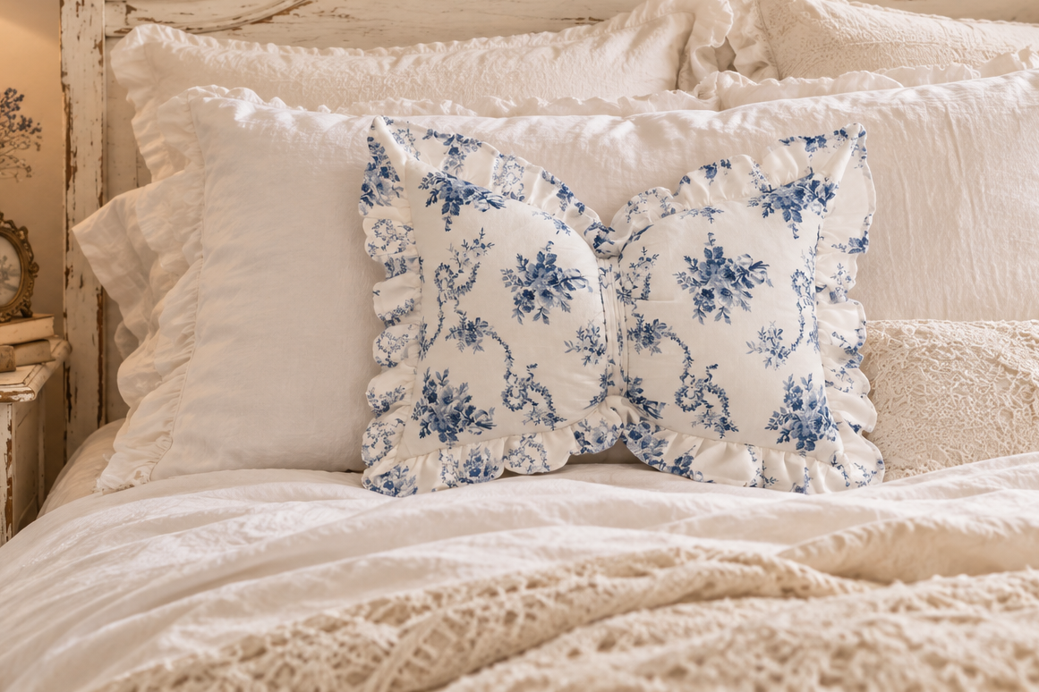 CUSCINO ROMANTICO, BLANC MARICLO’ in velluto con fantasia floreale azzurro polvere misura 35 × 50 