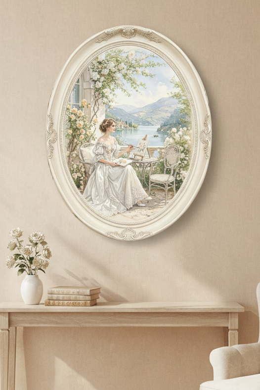 Quadro ovale misura 46x36 figura dama che dipinge