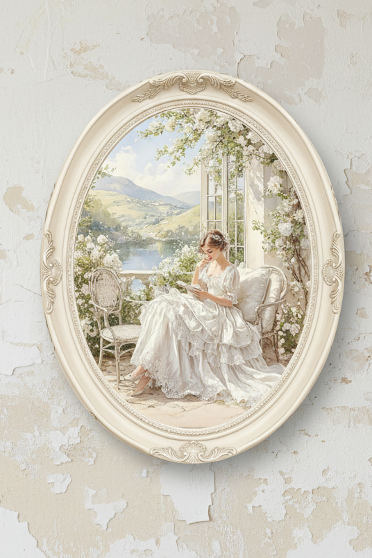 Quadro ovale figura dama che legge misura 46x36