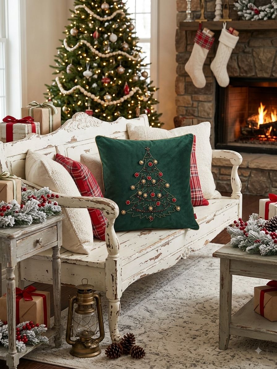 CUSCINO NATALIZIO CON RICAMO ALBERO CLODETTE VERDE 45X45