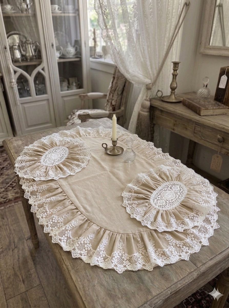 Tris di centri tortora con pizzo flower Officina tessile