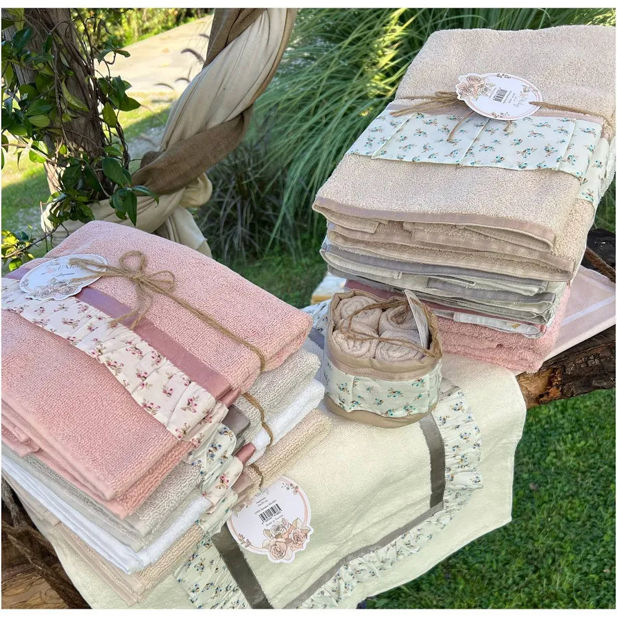 L'ATELIER 17 Set 2 asciugamani coppia spugna LAVINIA con balza a fiori 5 colori 8059427525889
