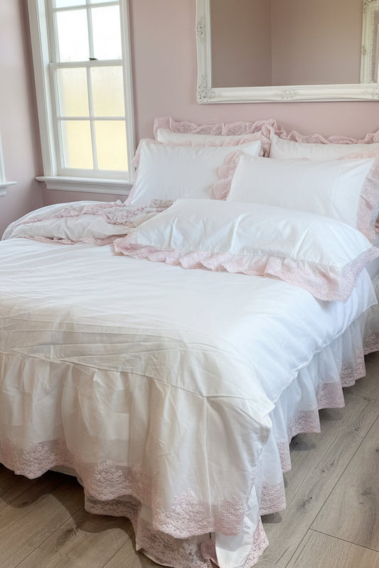 Copriletto in cotone con la balza in pizzo yulia rosa misura della balza 30 cm con coppia di federe misura 95x68