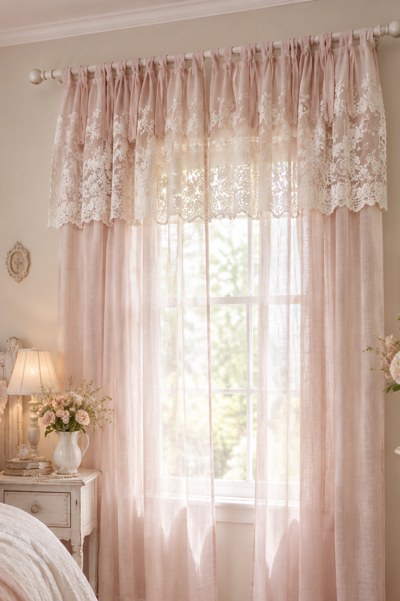 COPPIA DI TENDA IN GARZATELLO DI COTONE OFFICINA TESSILE CON MANTOVANA APPLICATA IN PIZZO MISURA 150 × 300 COLORE ROSA