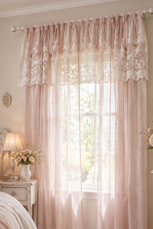 COPPIA DI TENDA IN GARZATELLO DI COTONE OFFICINA TESSILE CON MANTOVANA APPLICATA IN PIZZO MISURA 150 × 300 COLORE ROSA