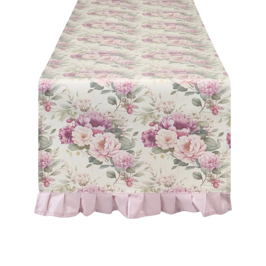 Nuvole di Stoffa Runner resinato con fiori e frill "Garden Chic" 155x50 cm