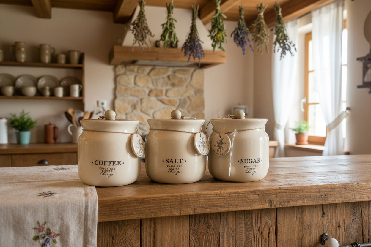 Tris di barattoli in porcellana, sale, caffè, zucchero con chiusura bambù ermetica, ￼