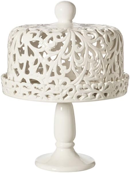 Alzatina centrotavola in Ceramica Bianca Traforata con Campana, Shabby Chic D23xH29 cm