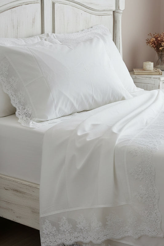 Completo lenzuola Officina Tessile nel pizzo yulia colore bianco con coppia di federe ￼