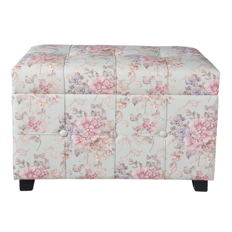 POUF 61X37X43 CM ROSA LEGNO TESSUTO FIORI RETTANGOLO SGABELLO