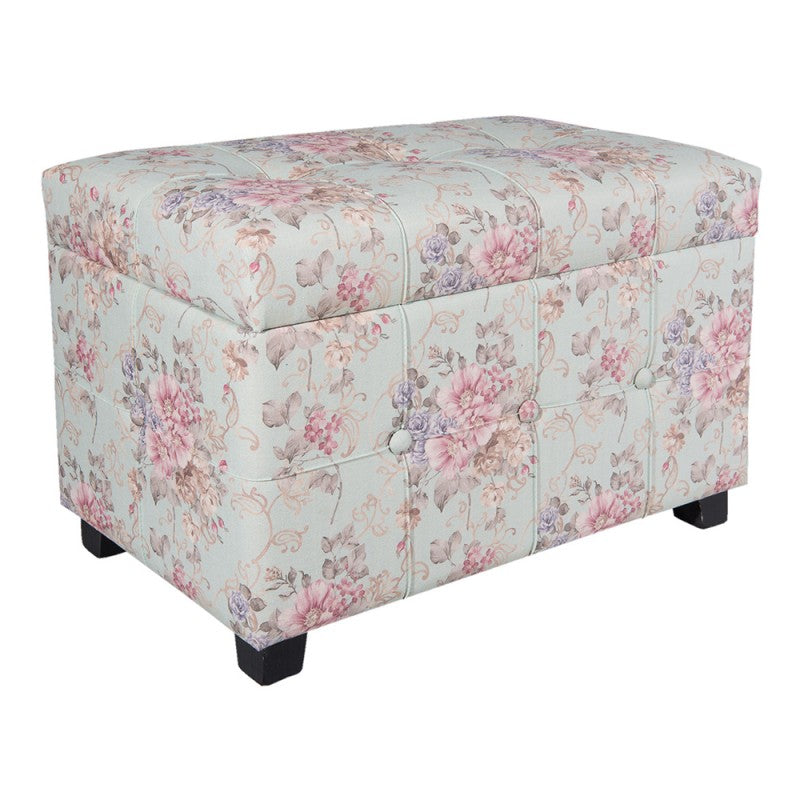 POUF 61X37X43 CM ROSA LEGNO TESSUTO FIORI RETTANGOLO SGABELLO