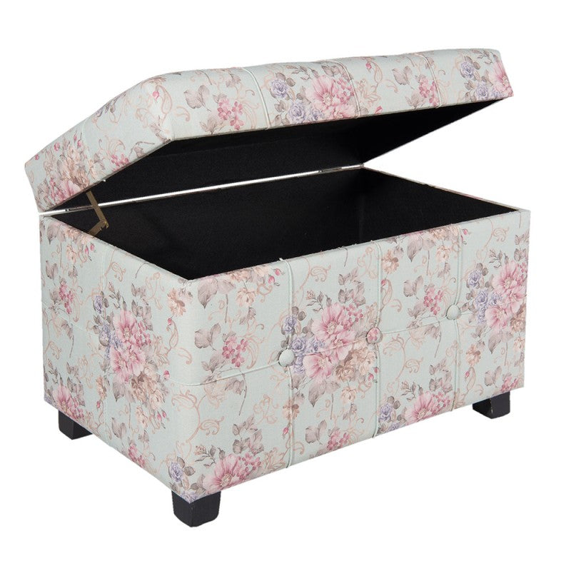 POUF 61X37X43 CM ROSA LEGNO TESSUTO FIORI RETTANGOLO SGABELLO