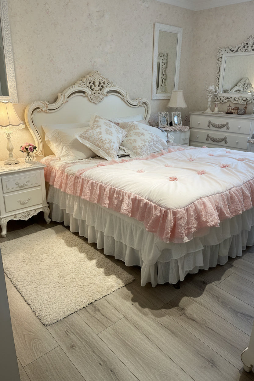 Scaldotto Pizzo Julian nel colore rosa con applicazione di rosse sul fondo con una romantica balza su tutti e quattro i lati misura ￼180x85+12 la balza