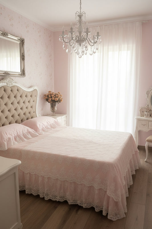 Copriletto in cotone matrimoniale, pizzo Iulia con coppia di copri guanciali nel colore rosa