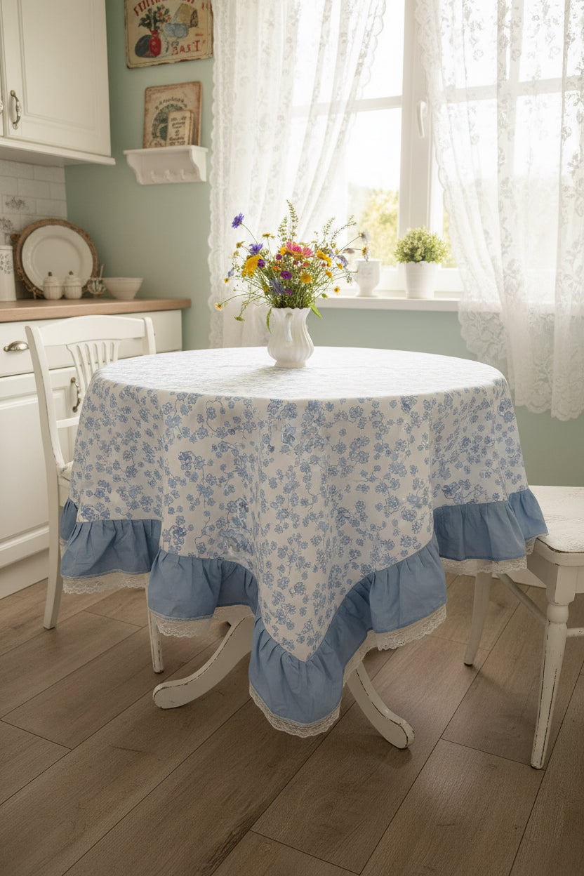 Centro tavolo In 100% cotone, tessuto Fioraio con balza in cotone e pizzo Valance misura 120x120