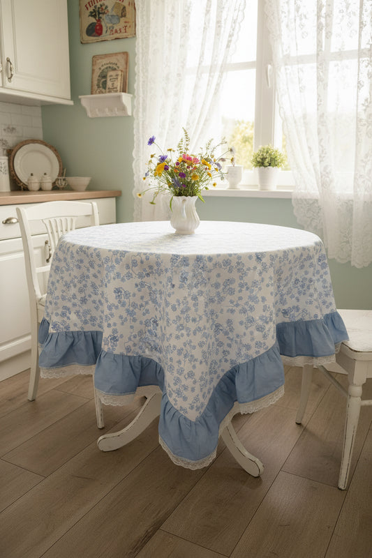 Centro tavolo In 100% cotone, tessuto Fioraio con balza in cotone e pizzo Valance misura 120x120