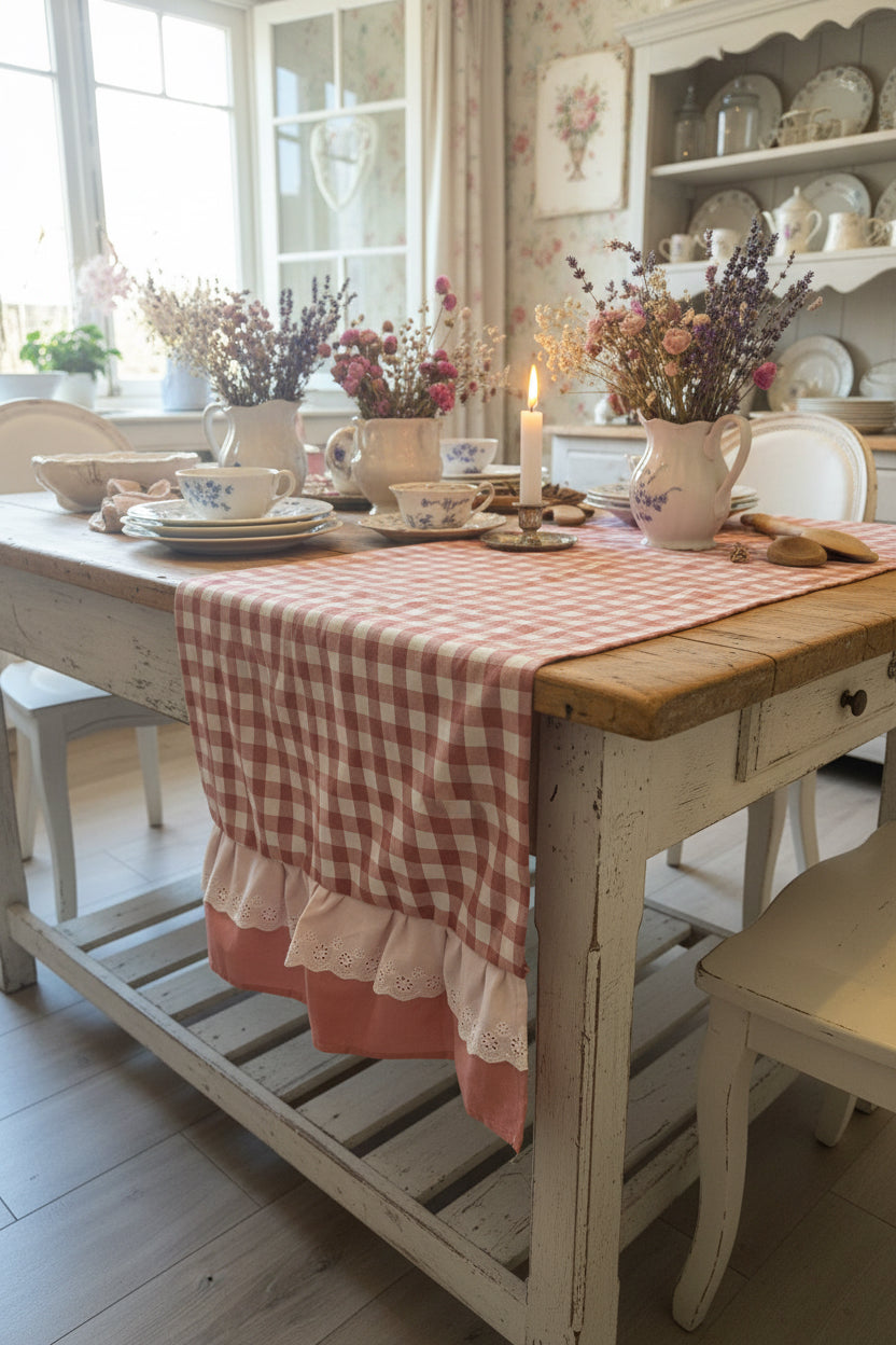 Runner tessuto Vichy in cotone con balza in pizzo San gallo e l’altra balza in cotone nel rosa antico misura 160 x50￼￼