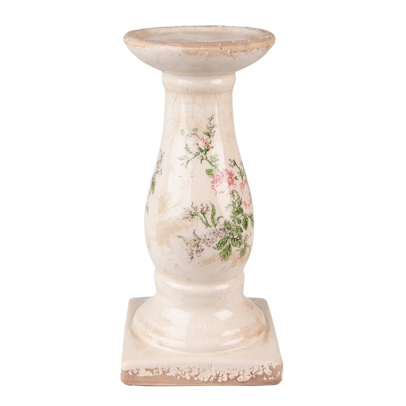 CANDELABRO Ø 12X24 CM ROSA BEIGE CERAMICA FIORI CANDELIERE