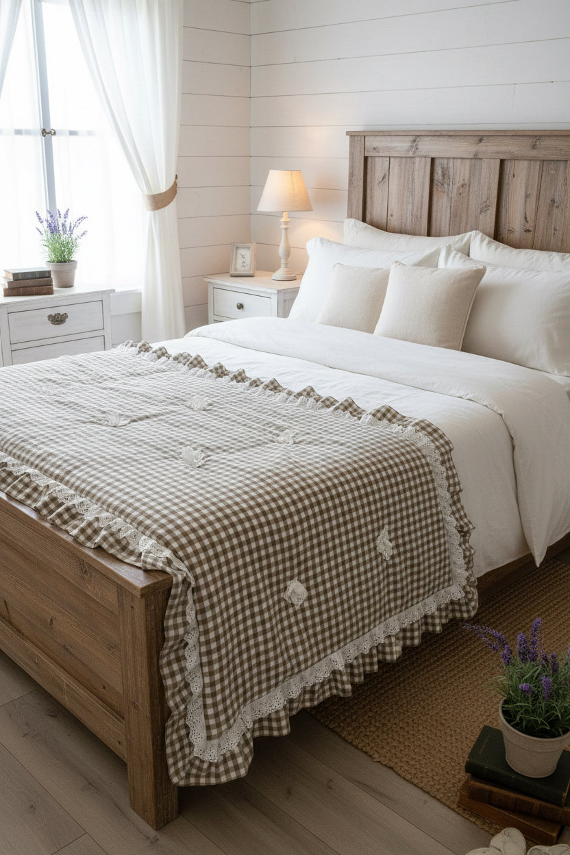 Scaldotto a quadretti con balza con pizzo sangallo 170x85+10cm
