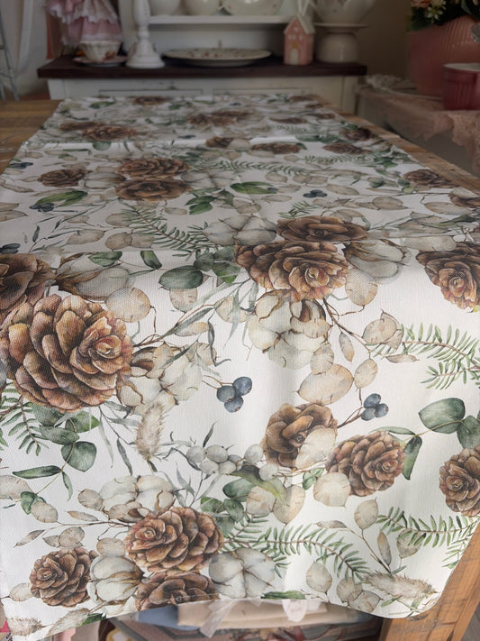 Runner con pigne e fiore di cotone misura 135x45