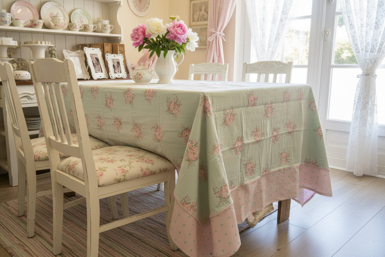 Tovaglia Charlotte Atelier 17 in cotone con boccioli di rosa, colore verde misura 160 x 180