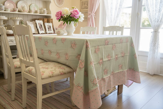 Tovaglia Charlotte Atelier 17 in cotone con boccioli di rosa, colore verde misura 160 x 180