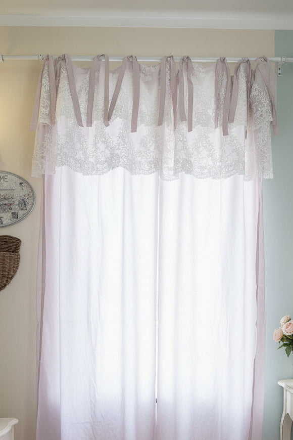 Coppia di Tende con Mantovana applicata con doppia balza pizzo Sogno colore rosa misura ogni telo 150 × 300