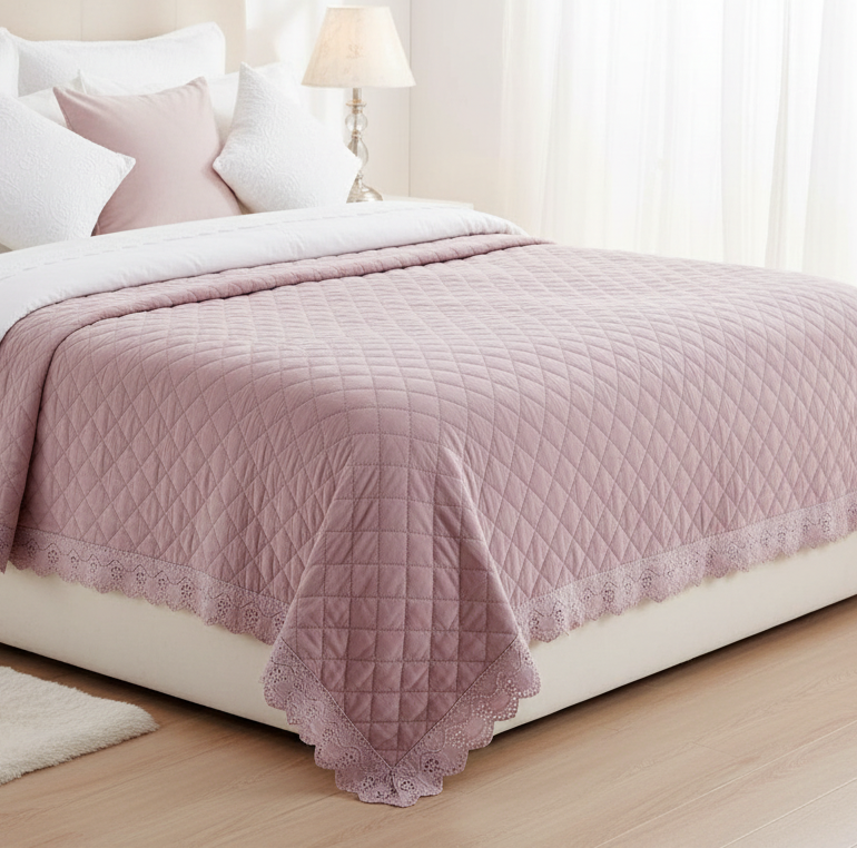 Blanc MariClo Trapunta matrimoniale rosa  con pizzo sangallo 260x260 + 2 copriguanciali