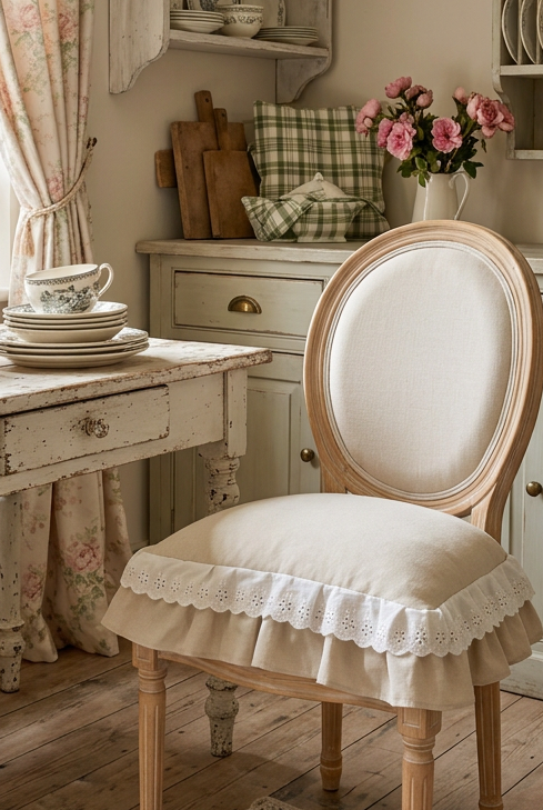 CUSCINO SEDIA MISURA 45x45 +15 la balza. Tessuto Panama beige con doppia balza  pizzo San gallo e tinta unita