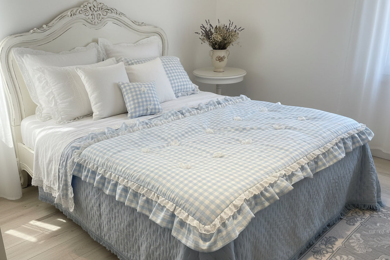 Fondo letto vichy colore azzurro misura 180x85+12 la balza