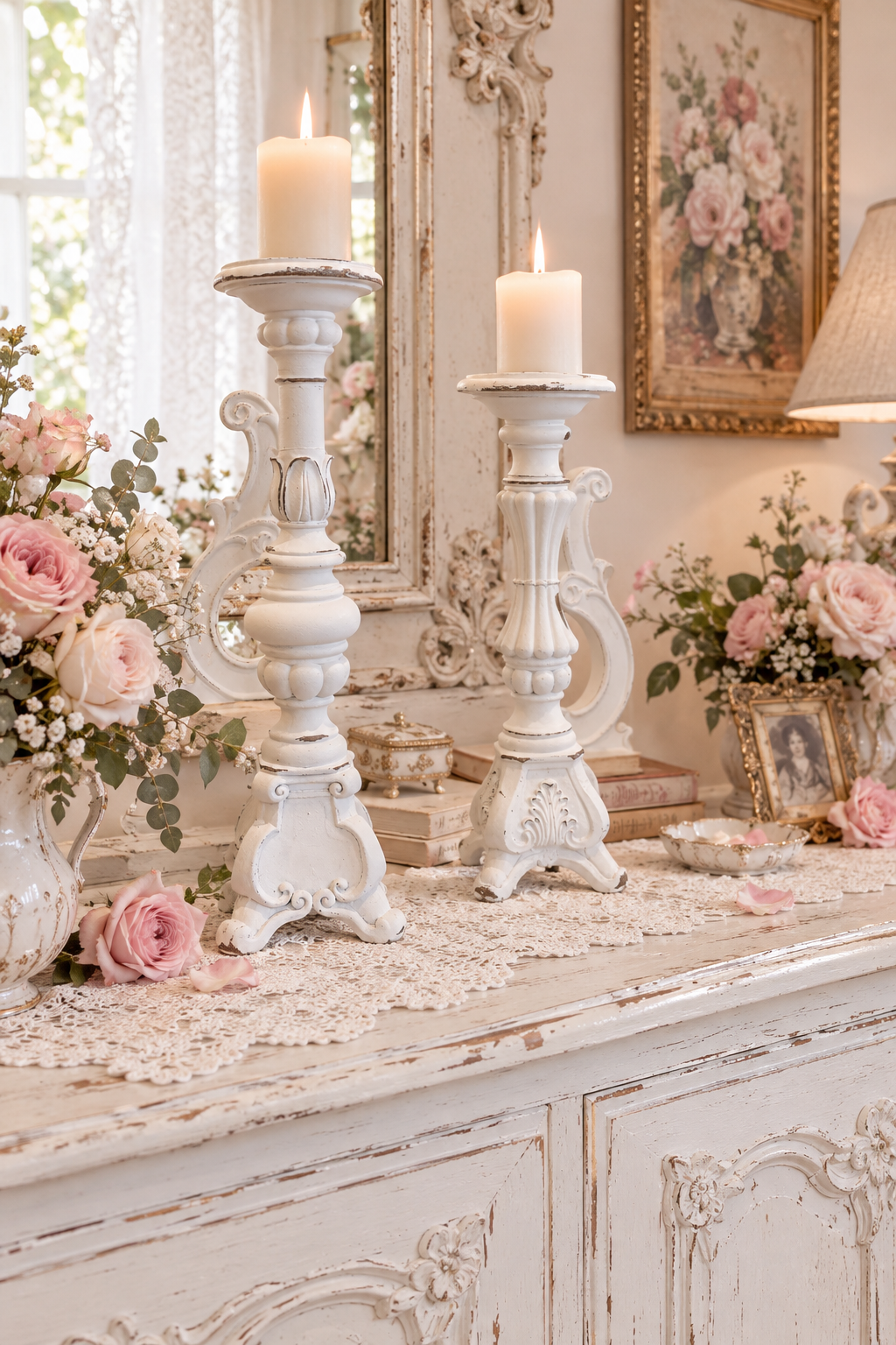 COPPIA DI CANDELABRO BUANCO OPACO EFFETTO DECAPATO CON IL TORTORA MISURA 50x15x15 /35x12x2