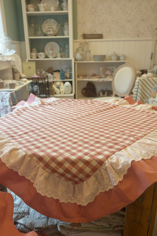 Un bellissimo centro tavolo in tessuto vichy misura 120x120 ￼con doppia balza la prima in piazza San Gallo, la seconda tinta unita
